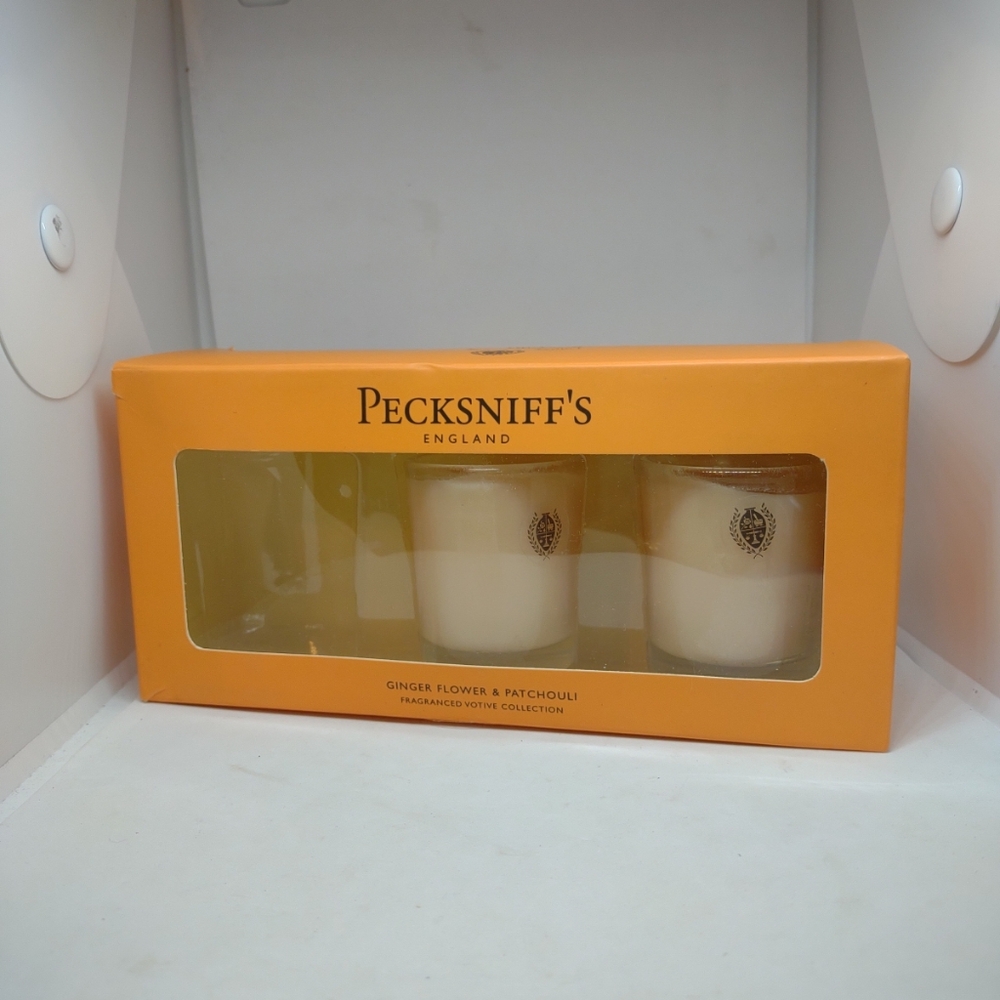 Lot of 2 Pecksniff's Ginger flower & Patchouli Votive Candles in glass